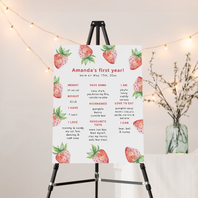 Strawberry First Birthday Milestone Birthday Foam Board (In Situ (Stand))
