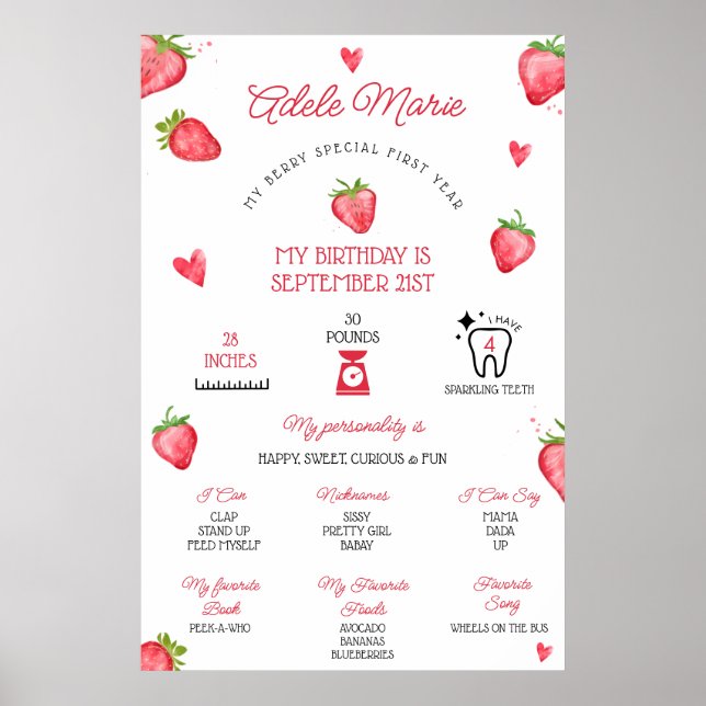 Strawberry First Birthday Milestone Poster (Front)