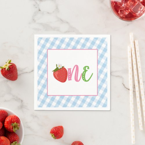 Strawberry First Birthday Napkin _ ONE _ Blue