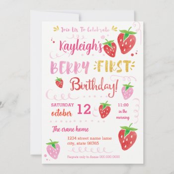 Strawberry First Birthday Party Berry Watercolor I Invitation by LaurEvansDesign at Zazzle