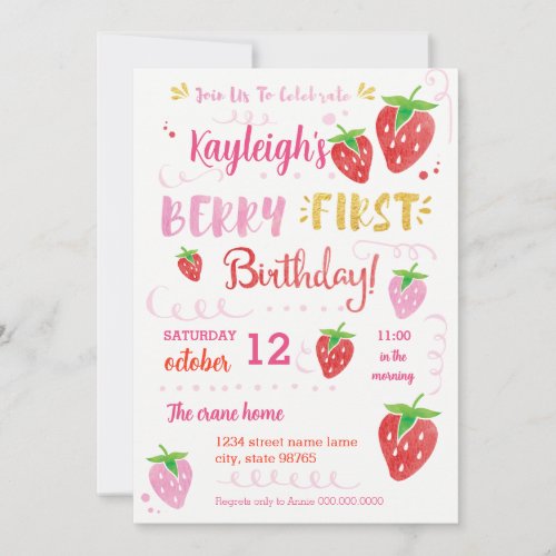 Strawberry First Birthday Party Berry Watercolor I Invitation