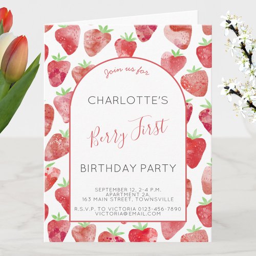 Strawberry First Birthday Party Invitation