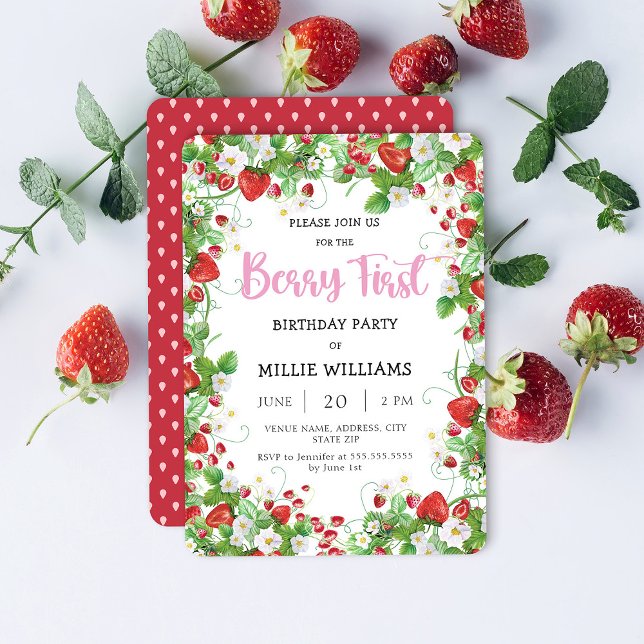 Strawberry First Birthday Party Invitation (Creator Uploaded)