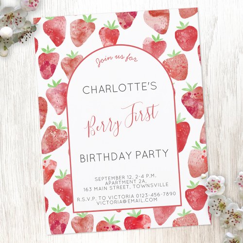 Strawberry First Birthday Party Invitation Postcard
