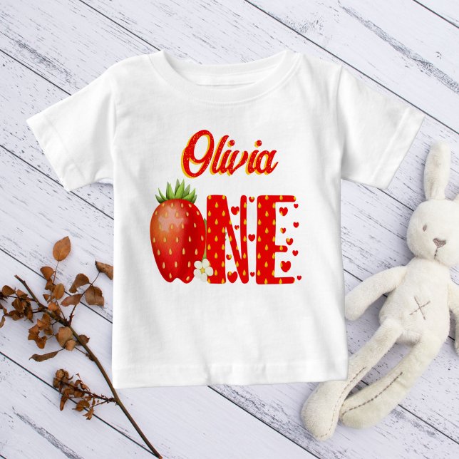 Strawberry first birthday personalized name baby T-Shirt (Creator Uploaded)