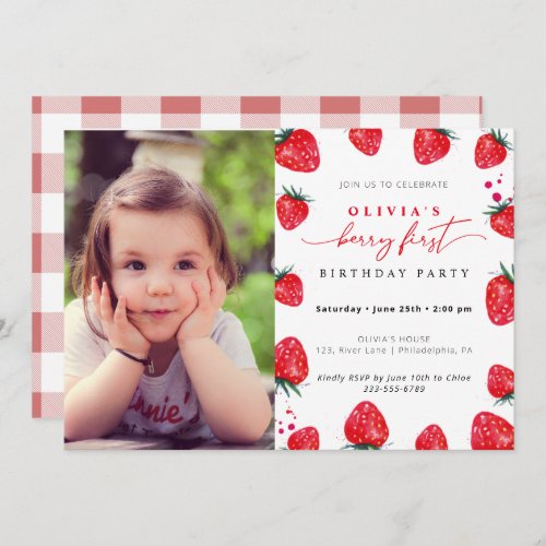 Strawberry First Birthday Photo Invitation