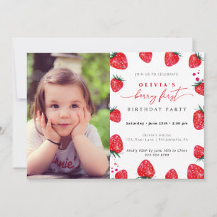 Strawberry First Birthday Photo Invitation