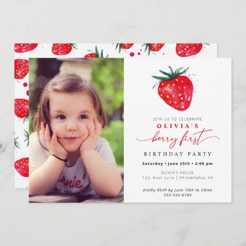 Strawberry First Birthday Photo Invitation
