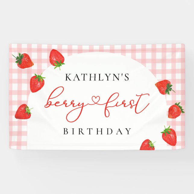 Strawberry First Birthday Pink Berry 1st Banner (Horizontal)