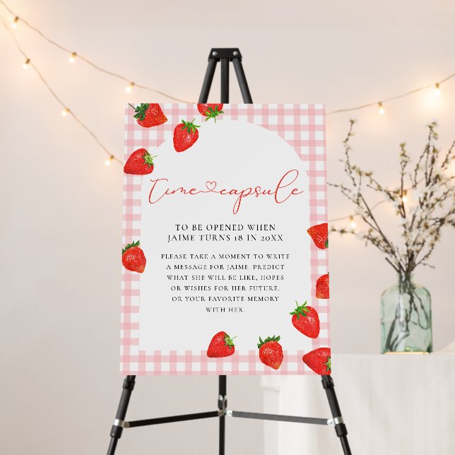 Strawberry First Birthday Pink Berry Time Capsule Foam Board (In Situ (Stand))