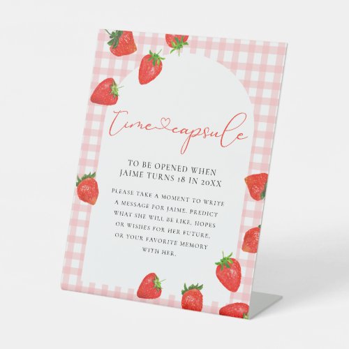 Strawberry First Birthday Pink Berry Time Capsule Pedestal Sign