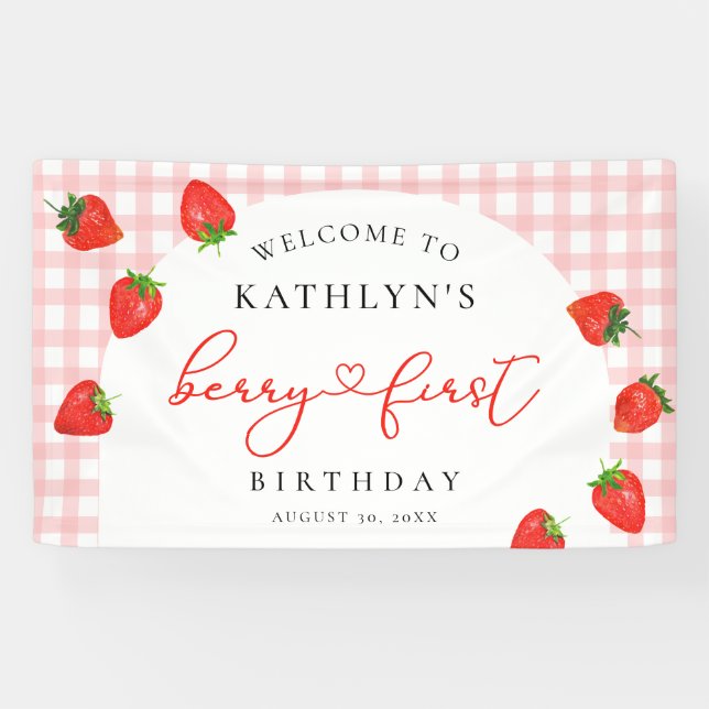 Strawberry First Birthday Pink Berry Welcome Banner (Horizontal)