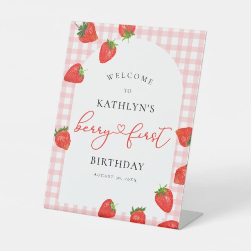 Strawberry First Birthday Pink Berry Welcome Pedestal Sign