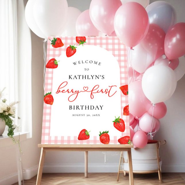 Strawberry First Birthday Pink Berry Welcome Sign (Creator Uploaded)