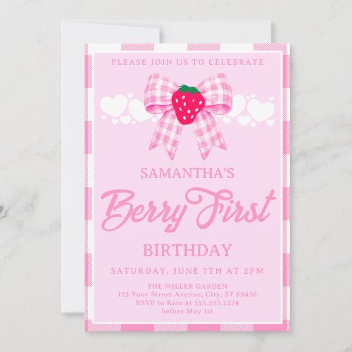 Strawberry First Birthday Pink Gingham Bow Invitation