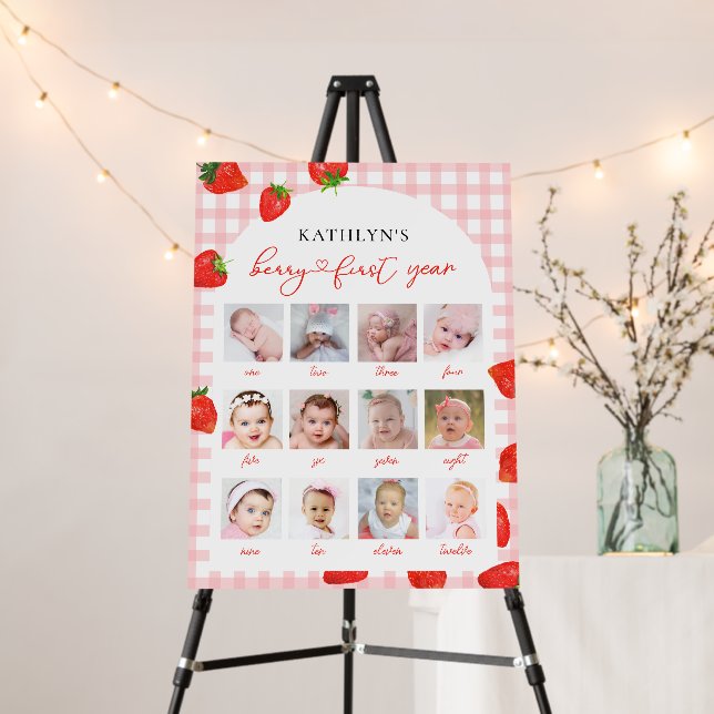 Strawberry First Birthday Pink Milestone 12 Photo Foam Board (In Situ (Stand))