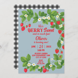 Strawberry First Birthday (Red & Blue) Invitation