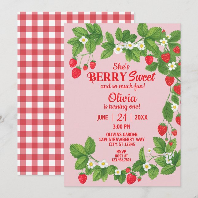 Strawberry First Birthday (Red & Pink) Invitation (Front/Back)