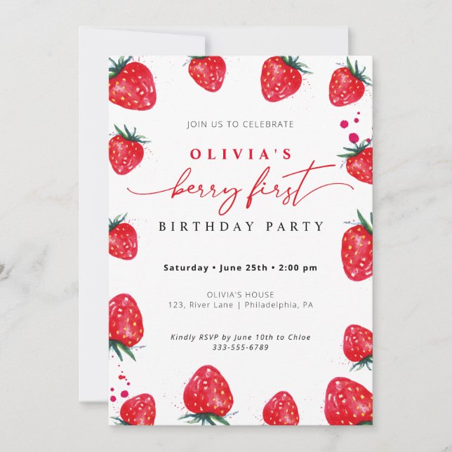 Strawberry First Birthday Spring Summer Invitation (Front)