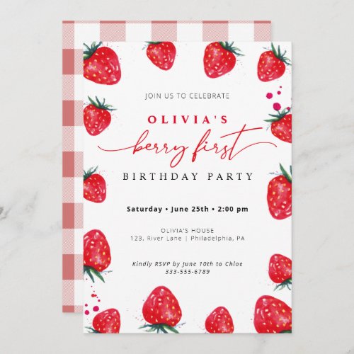 Strawberry First Birthday Spring Summer Invitation