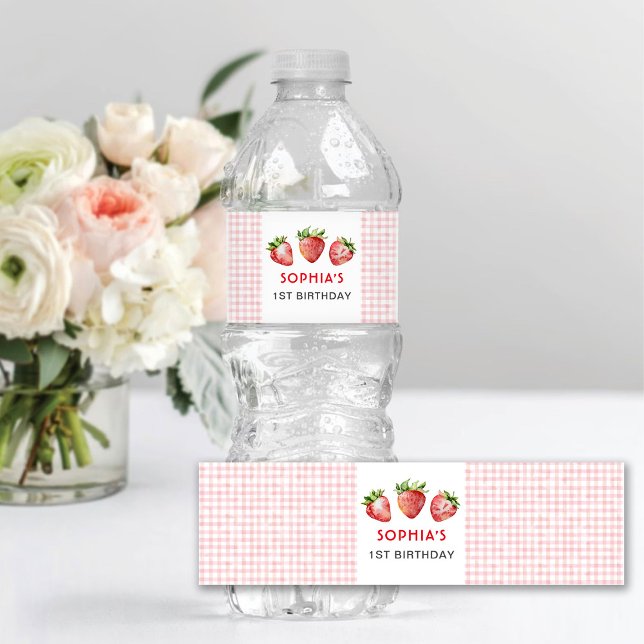 Strawberry First Birthday Water Bottle Label (Creator Uploaded)