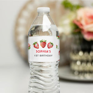 Strawberry First Birthday Water Bottle Label