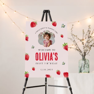 Strawberry First Birthday Welcome Sign for Girls