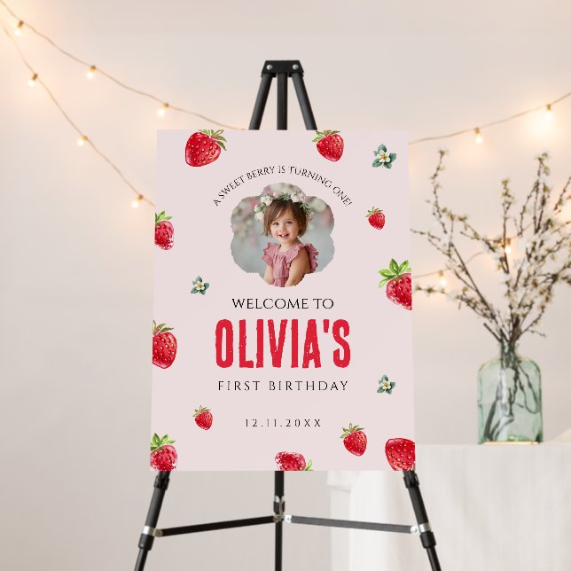 Strawberry First Birthday Welcome Sign for Girls (In Situ (Stand))