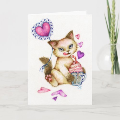 Strawberry Float - Siamese Valentine Cat Art Card