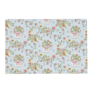 Strawberry Floral Bee Cottagecore Watercolor Blue Placemat