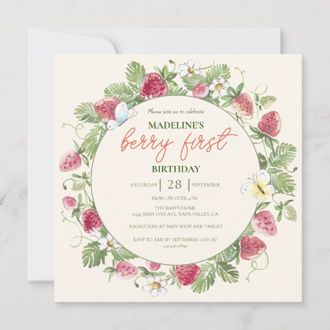Strawberry Floral Boho Girl Berry First Birthday Invitation (Front)