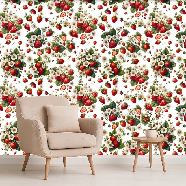 Strawberry Floral Botanical Cottage Wallpaper (Strawberry Floral Botanical Cottage Wallpaper)