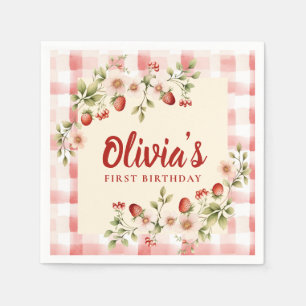 Strawberry Floral Gingham First Birthday Napkins