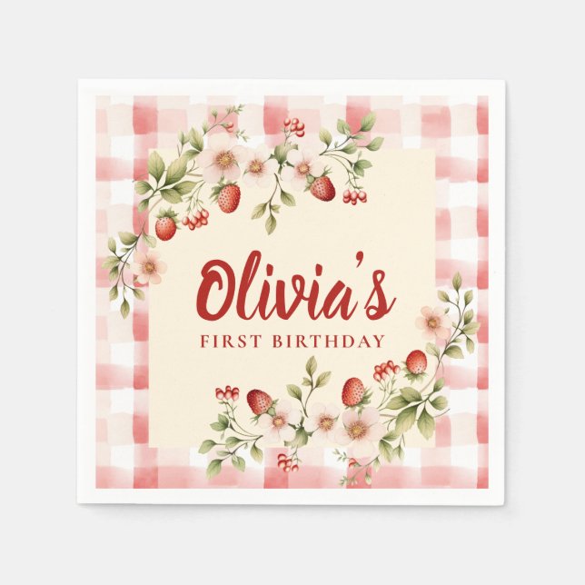 Strawberry Floral Gingham First Birthday  Napkins (Front)
