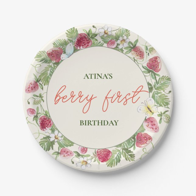 Strawberry Floral Girl Berry First Birthday Paper Plates (Front)