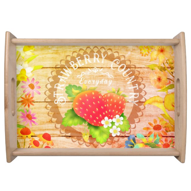 Strawberry Floral  Pine Serving Tray (Front)
