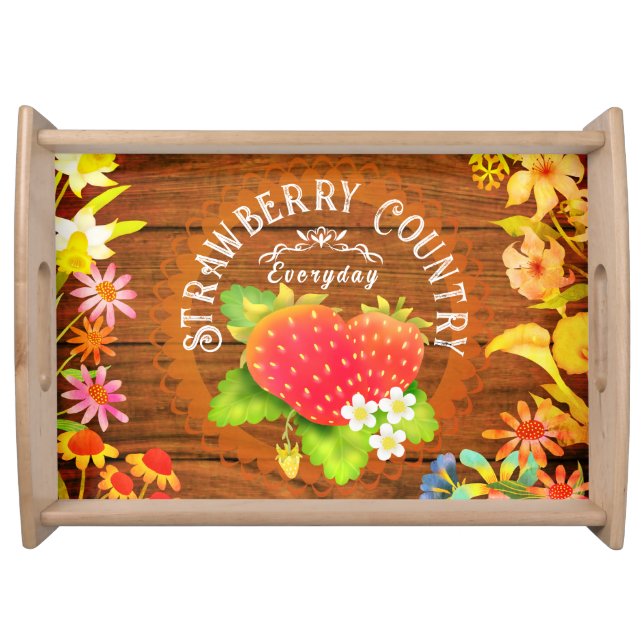 Strawberry Floral  Pine Serving Tray (Front)