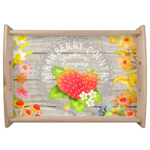 Strawberry Floral  Pine Serving Tray