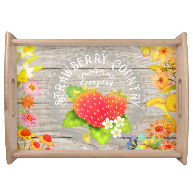 Strawberry Floral  Pine Serving Tray (Front)