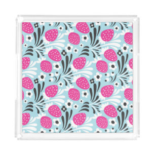 Strawberry Floral: Pink Berry Seamless. Acrylic Tray