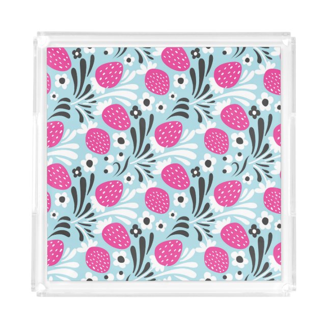 Strawberry Floral: Pink Berry Seamless. Acrylic Tray (Front)