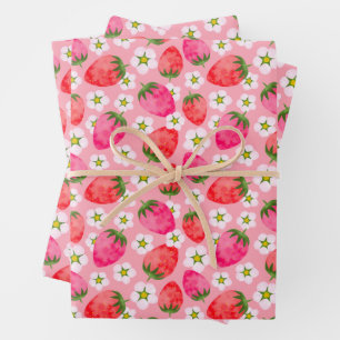 Strawberry & florals pattern wrapping paper sheets