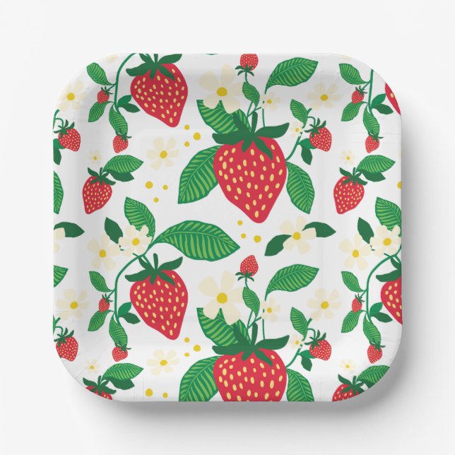 Strawberry Florals Whimsical  Paper Plates (Front)