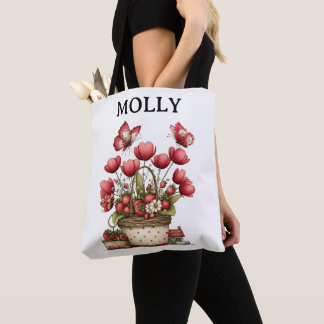 Strawberry Flower Basket with Butterflies and Name Tote Bag
