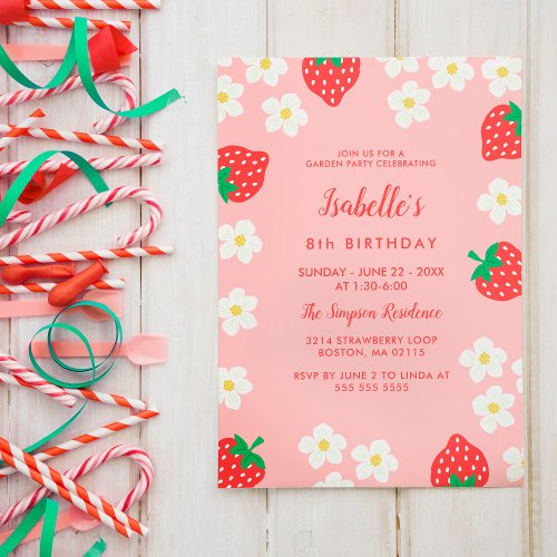 Strawberry Flowers Birthday Party Invitation
