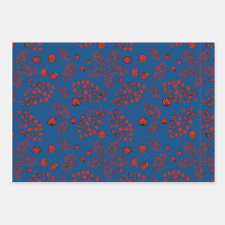 strawberry flowers on blue wrapping paper sheets