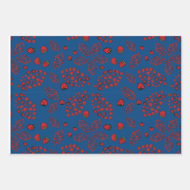 strawberry flowers on blue wrapping paper sheets (Front)