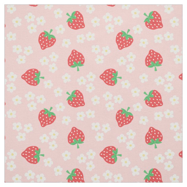 Strawberry Flowers Pink Pattern Fabric | Zazzle