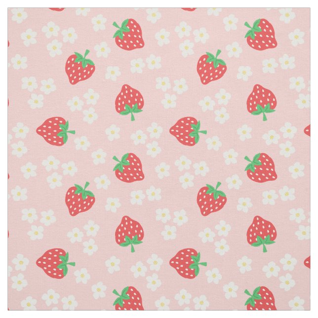 Strawberry Flowers Pink Pattern Fabric