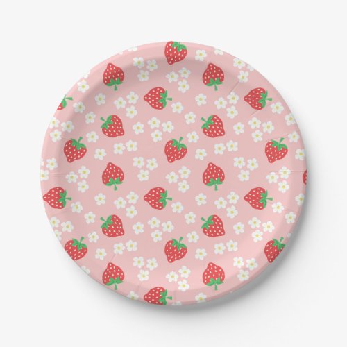 Strawberry Flowers Pink Pattern Paper Plates
